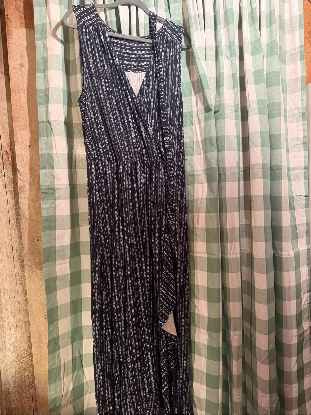 Loveappella Navy and White Printed Wrap Maxi Dress